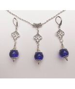Victorian Silver Cobalt blue jewelry set Blue set necklace earrings Boho... - $52.00
