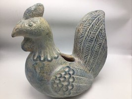 Rooster Chicken Pottery Planter Clay Hand Carved Blue Teal Farmhouse Country 11&quot; - £27.00 GBP