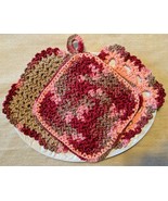 Fall Floral (Coral, Reds, Tan) Crocheted Potholder and Dishcloth Set - $20.69 CAD
