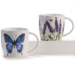 Butterfly Iris Coffee Mugs Set of 2 Blue Purple 18 oz Porcelain Nature Accents