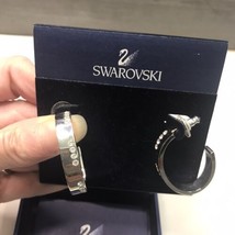Swarovski Silver Tone Hoop Earrings with Crystals Swan Stamp NIB Post Ea... - $32.73