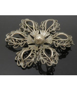 MICHELE 925 Sterling Silver - Vintage Open Flower Motif Brooch Pin - BP5527 - £30.43 GBP