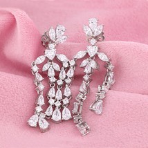 23.5 CT Pear CZ Stunning Long Chandelier Wedding Dangle Drop Earrings 925 Silver - £153.04 GBP