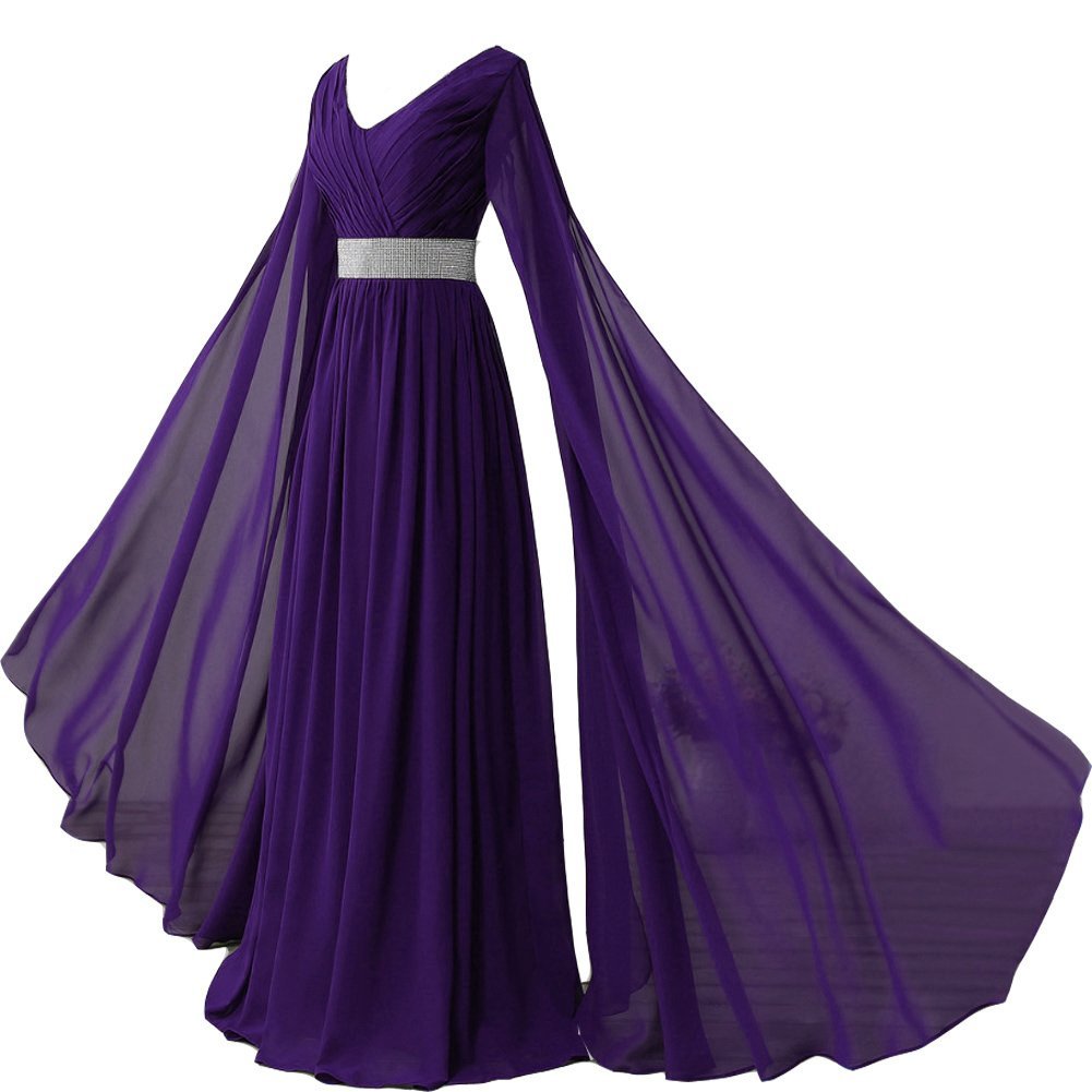 Kivary V Neck Long Sleeves Chiffon Goddess Prom Vintage Evening Dresses Deep Pur