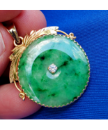 Earth mined Green Jadeite Jade Diamond Vintage Deco Pendant 14k Gold Medallion - $3,605.25
