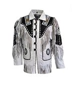 Bestzo Men Western Style Cow Leather Jacket Fringed,Beaded &amp; Bones White L - £198.42 GBP