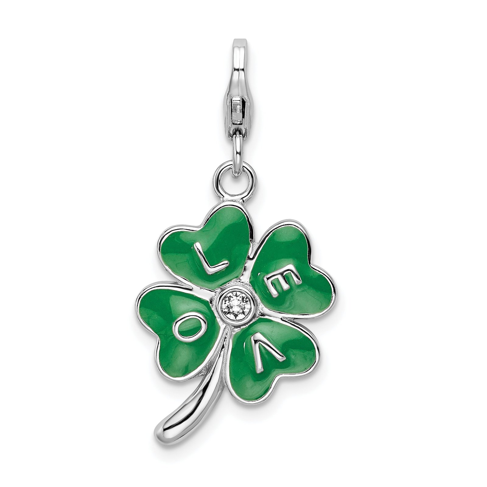 Primary image for Sterling Silver 3D Enamel 4 Leaf Clover Lobster Clasp Charm Pendant 31mm x 13mm