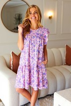 Spring Lilac Floral Tiered Ruffle Sleeve Woven Dress - £22.73 GBP
