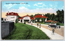 Postcard Entrance Wyuka Cemetery Lincoln Nebraska Man Walking A Dog Old Cars - £3.92 GBP