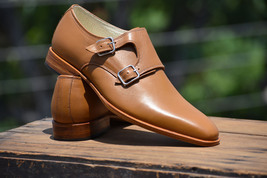 Handmade Monk Double Buckle Straps Tan Color Plain Pointed Toe Men Vintage Shoes - £119.89 GBP