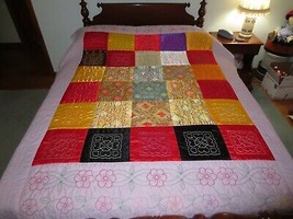 Hand Stitched EMBROIDERED BLOCK DESIGN Satiny &amp; Cotton QUILT - 70&quot; x 95&quot; - $78.21