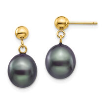 14k 8-9mm Black Rice Freshwater Cultured Pearl Dangle Post Earrings XF349E - $2,184.28 MXN