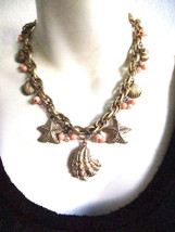 Trifari Seashell Starfish Charm Faux Pearl and Coral Bead Double Link Necklace - $36.10