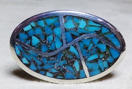 Sterling Silver Mosaic Blue Turquoise Inlay Sz 5.75 Ring 10.6g Navajo Shield - £54.81 GBP