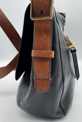 Fossil Harper Crossbody Bag Black Cow Hide Leather Large Flap Brass Key Saddle Item image 9