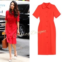 Celeb Amal Clooney Inspired Shirt Collar Scarlet Shirt Sheath Midi Dress... - $115.48