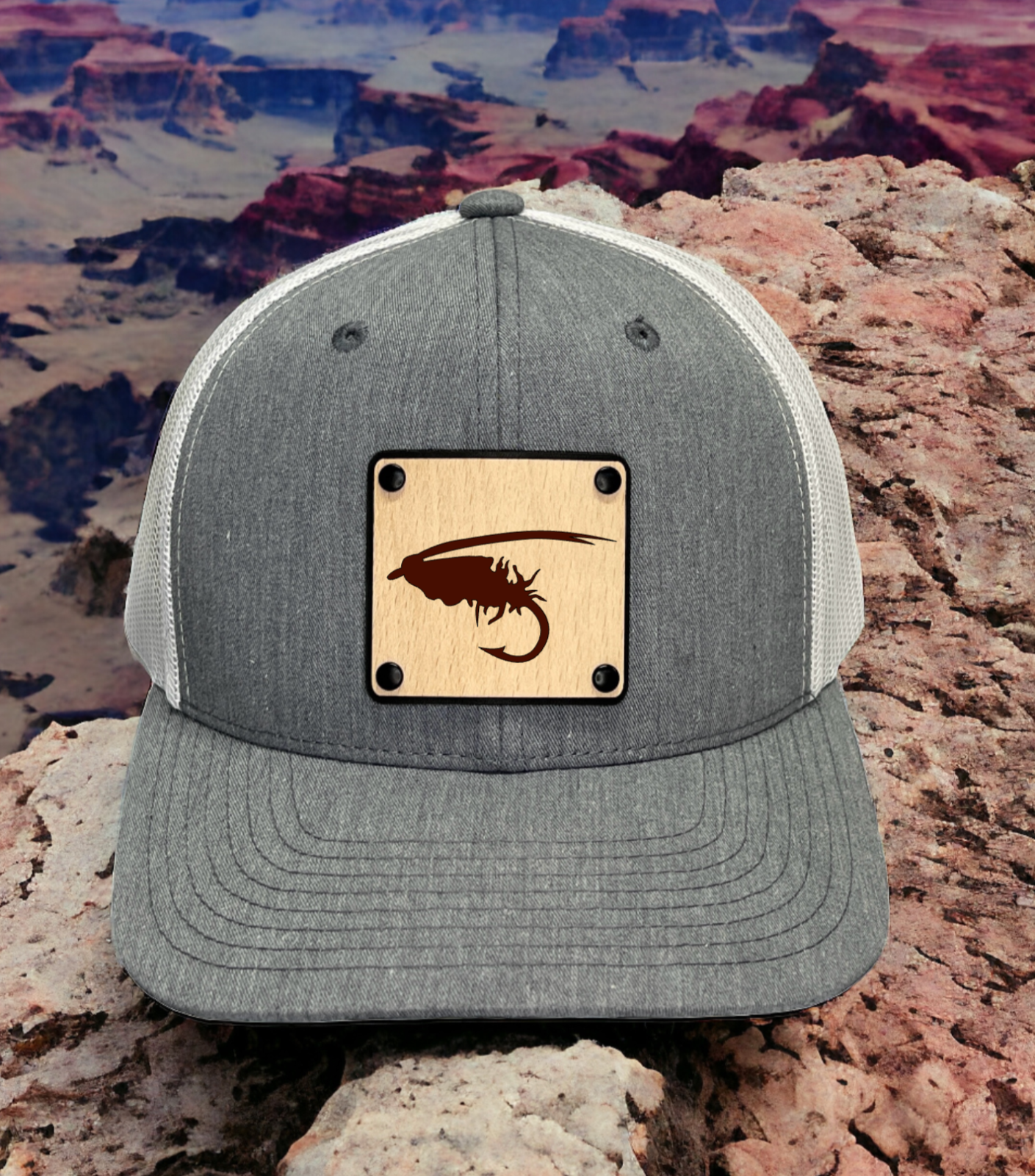 Hatching Sedge Pupa Fly Fishing Collection Hat Cap with Wood Leather Patch - $27.99