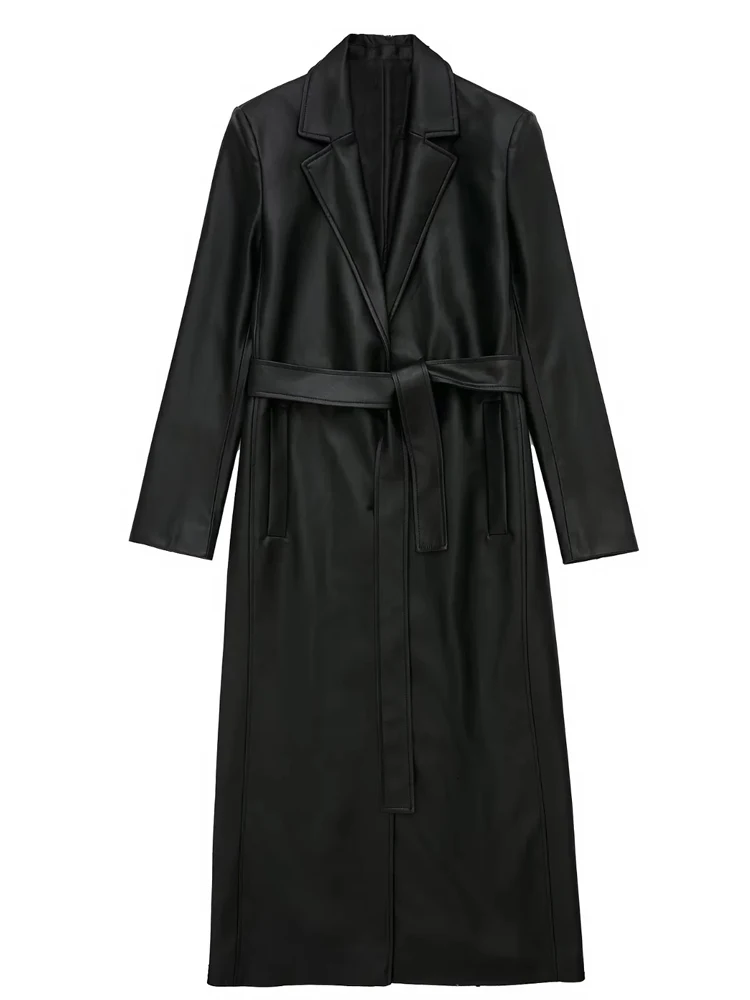 TRAF Black  Leather Trench &#39;s Windbreaker Jackets Fashion Long Coat  Long Sleeve - £267.09 GBP