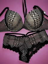 Victoria&#39;s Secret high-neck 34DD Bra Set M Strappy Panty Black Fishnet Very Sexy - £71.21 GBP