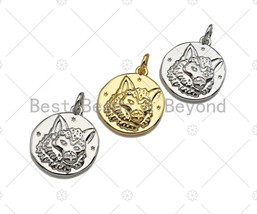 CZ Micro Pave Embossment Wolf Head On Round Coin Pendant/Charm, Sku#L409 - £2.30 GBP