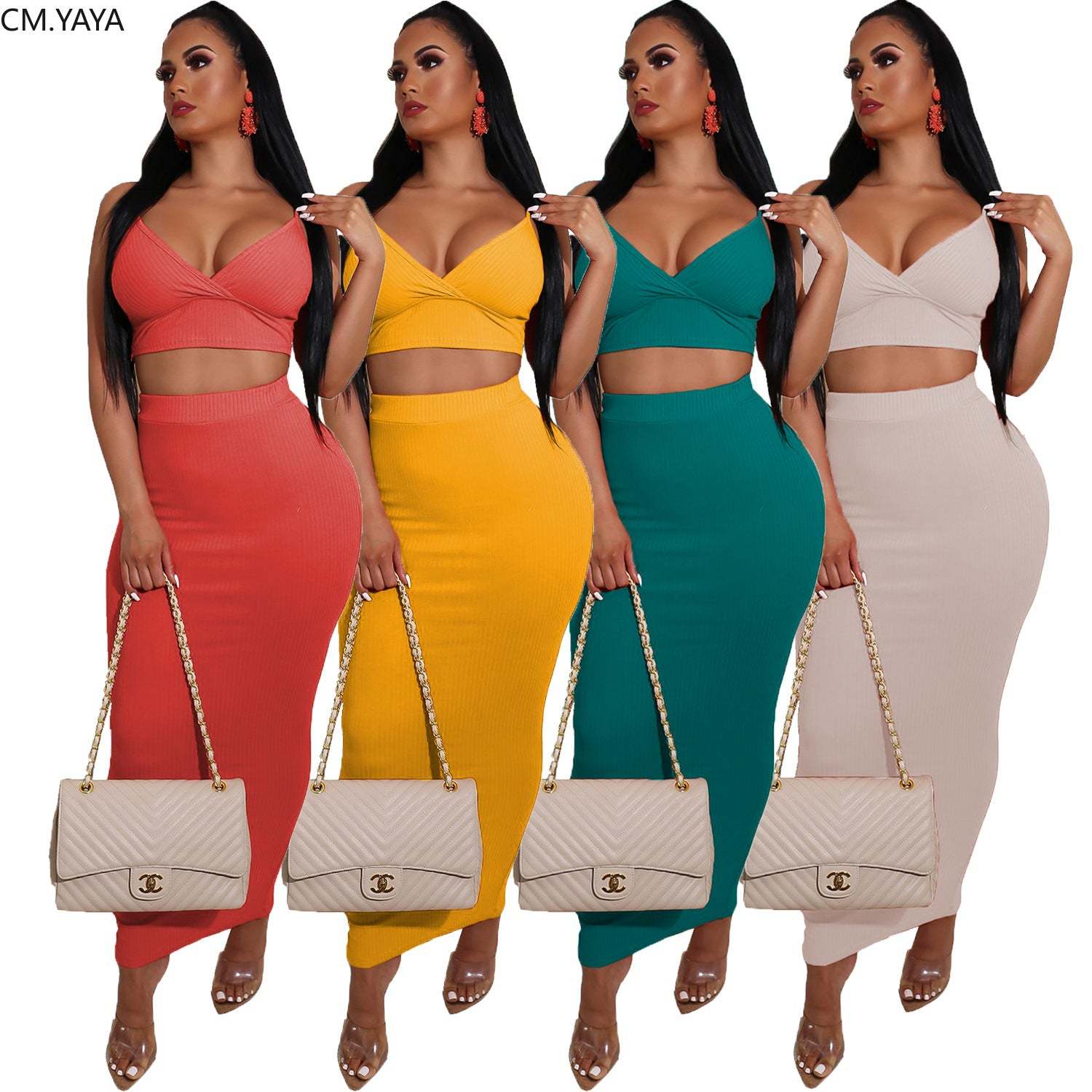Solid Two Piece Set Spaghetti Strap V-neck Crop Top Bodycon Midi Maxi Skirt - $41.95