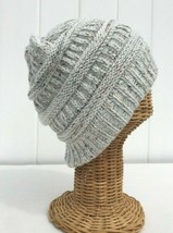 Ivory White Knit Confetti Beanie Hat Stretchy Soft Warm Baggy Skull Cap ... - £14.32 GBP