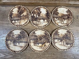 Set of 6 Pyrography Wood Burned Wood Coasters Island Houses Tropical Coasters - £13.71 GBP