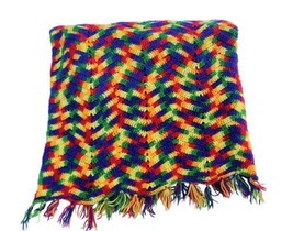 Handmade Crotchet Rainbow Fringe Afghan Blanket 83 x 58 Colorful Chevron Retro - £22.77 GBP