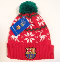 FCB Barcelona Football Club Red Knit Cuff Beanie with Pom Pom Adult One Size NWT - £17.80 GBP