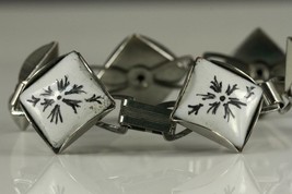 Costume Jewelry Silver Tone Bracelet Enamel Hand Painted Abstract Snowflake - $20.52