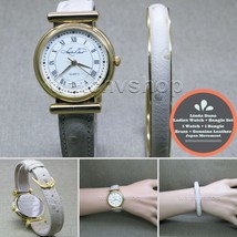 Women Gold Color Wrist Watch White Leather Strap with extra Leather Bang... - £23.17 GBP