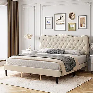 Queen Size Bed Frames Platform Upholstered Bed With Diamond Tufted And A... - $370.99