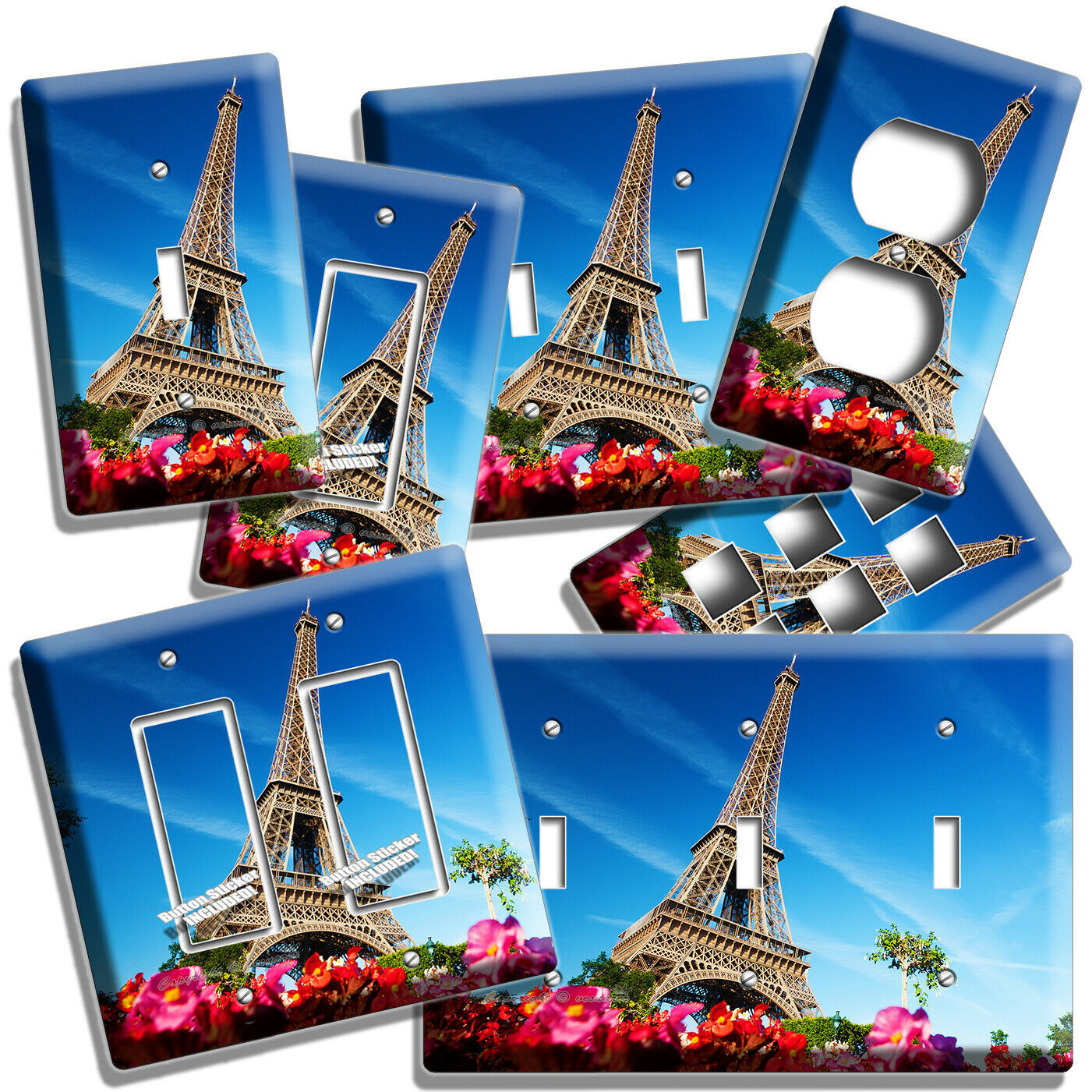 RETRO EIFFEL TOWER FLOWERS PARIS FLORAL BLUE SKY LIGHT SWITCH OUTLET PLATE DECOR