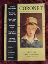 Coronet July 1939 Jul 39 Louis Zara Arthur Davison Ficke Vincent Starrett - £11.32 GBP
