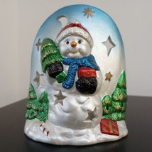 Snowman Porcelain Holiday Candle Holder Tea Light ArtMark 4.25&quot; Glitter Vintage - £13.94 GBP