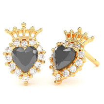 Black Onyx Diamond Claddagh motif Stud Earrings in 10k Yellow Gold - £278.97 GBP