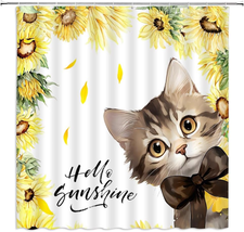 Funny Cat Shower Curtain Rustic Sunflower Cute Kitty Spring Garden Watercolor Fl - £21.54 GBP