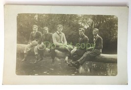 Antique RPPC 5 Handsome Young Men Sitting Posed on Log Footbridge ID&#39;d on Back - £31.11 GBP