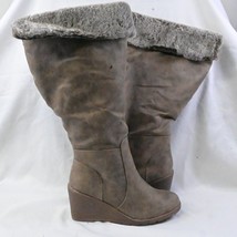 Lane Bryant Brown Emma Faux Suede Fur Cuff Tall Wedge Boots Wide 9W - £72.05 GBP