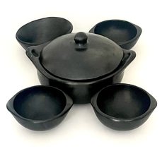 SET Soup Pot 2.5 Liters Cookpot Pot Black Clay Earthen and 4 Soup Bowl Mug100% H - £110.79 GBP