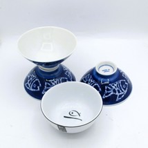 Set Of 4 Japanese Ceramic Rice Bowls With Fish Design Calligraphy - $260.16 MXN