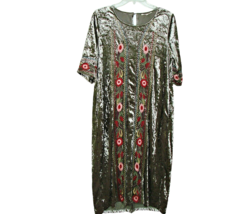 Orange Creek Dress Womens Med Green Crushed Velvet Embroidery Stretch Maxi Shift - £30.77 GBP