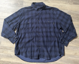 VTG Woolrich Long Sleeve Shirt Dark Navy Plaid 6055 100% Cotton Button D... - $17.41