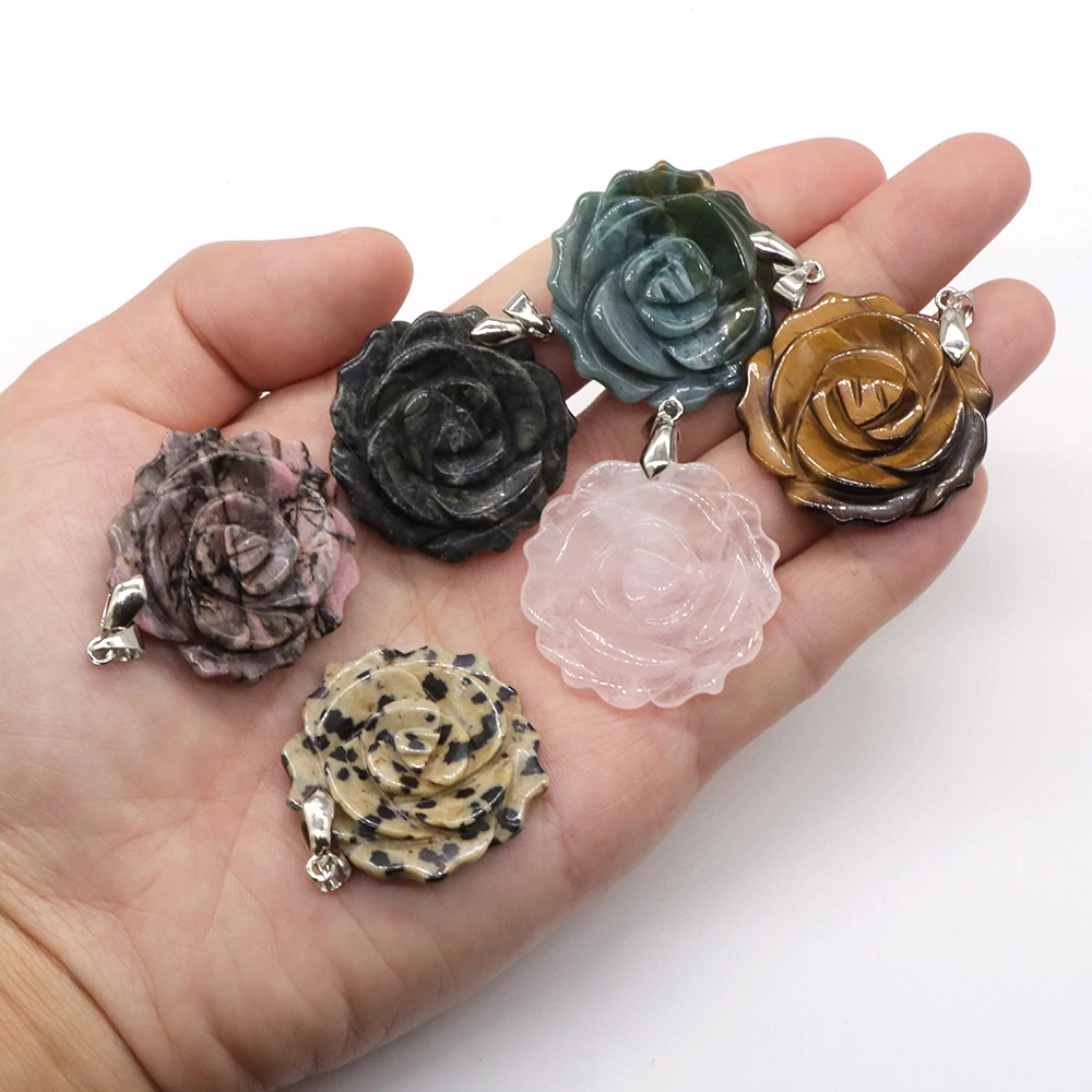 1.3&quot; Natural Crystals Gemstone Carved Rose Flower Center Pendant Bead Black - $13.46+