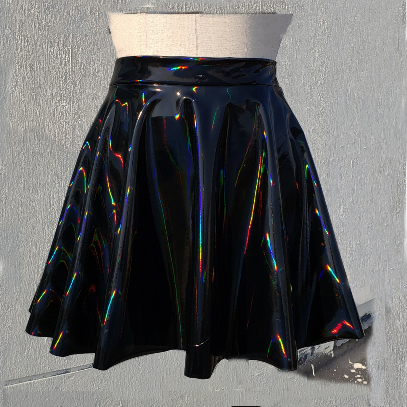Gothic Skirt, Holographic Black Gloss Stretch PVC Vinyl Circle Skater Skirt,Rave