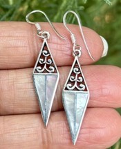 925 Sterling Silver + Mother of Pearl Handmade Oxidized Cutwork Earrings... - $25.47