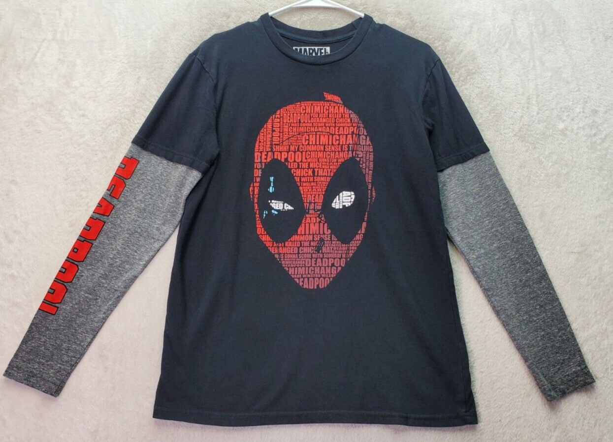 Primary image for Marvel Deadpool Tee Shirt Men's Small Black Gray Cotton Long Sleeve Round Neck