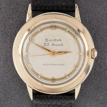 Bulova 10k Rolled Gold Plate Self-Winding Men&#39;s Watch w/ Black Leather Band - £476.01 GBP