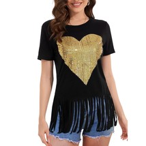 Womens Fringe Shirts Sequin Love Heart Graphic Tees Short Sleeve Casual Tops (Xl - £30.57 GBP
