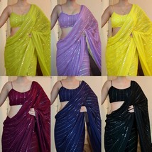 Georgette Saree thread embroidary work with sequins, Rich Pallu Indian Tradition - £69.33 GBP